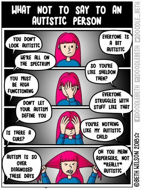 Doodle Beth's comic, "What Not to Say to an Autistic Person" There are four panels showing Doodle Beth getting more and more upset, finally pulling at her hair and gritting her teeth. Many speech bubbles surround her saying, "You don't look Autistic." "Everyone is a bit Autistic." "You must be high functioning." "So you're like Sheldon then?" "We're all on the spectrum." "Everyone struggles with stuff like that." "Don't let your Autism define you." "Is there a cure?" "You're nothing like my Autistic child." "Autism is so over diagnosed these days." and "Oh, you mean Aspergers, not REALLY Autistic."
