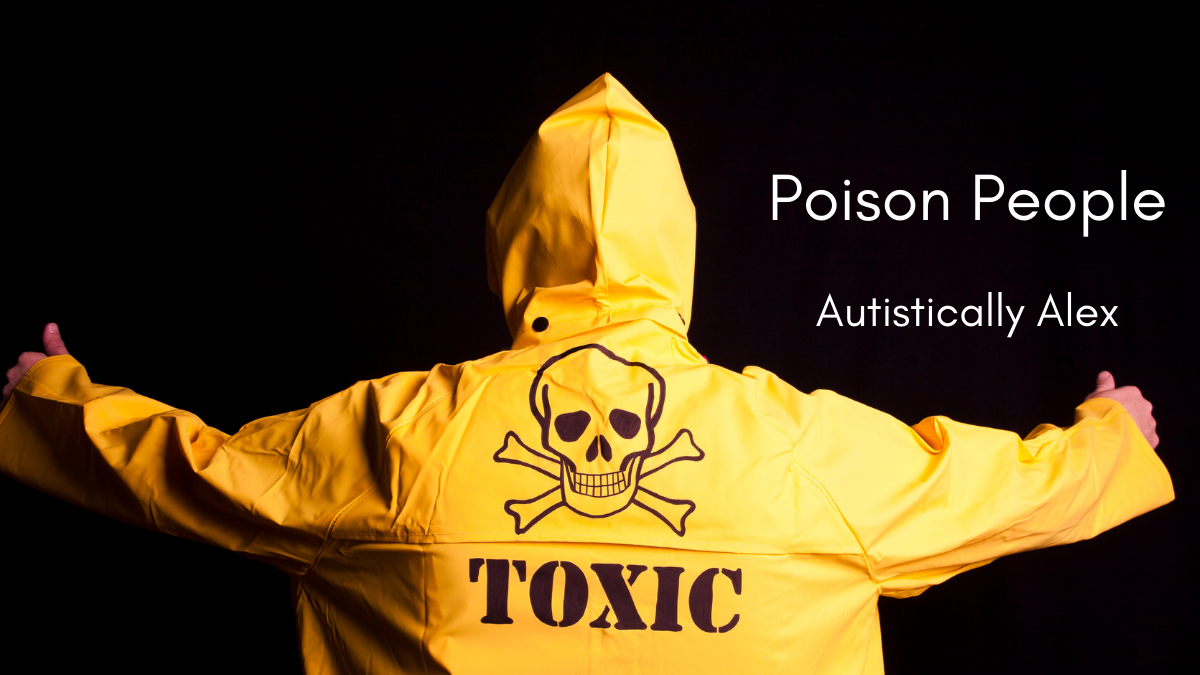 A person with their back to camera, wearing a yellow poncho with a skull and crossbones and the word Toxic on the back.