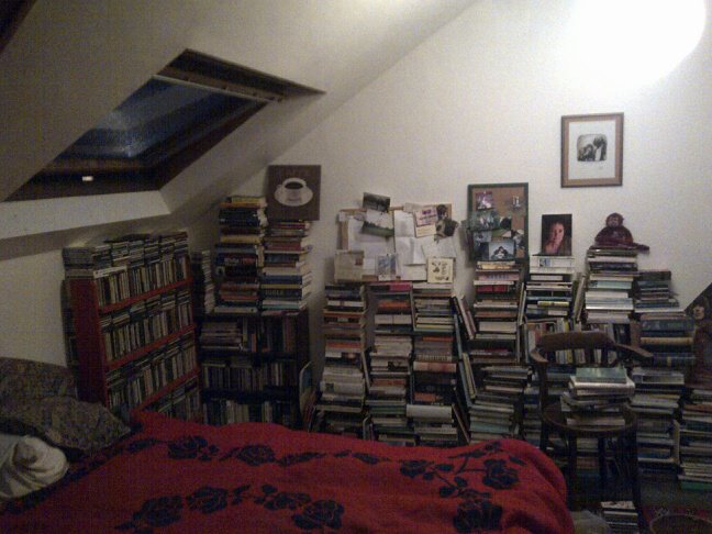 A nighttime picture of James' attic haven. The ceiling is slanted and there is a skylight. Stacks of books line one wall, a rack of CDs lines another. There is a bed with bright red bedsheets.