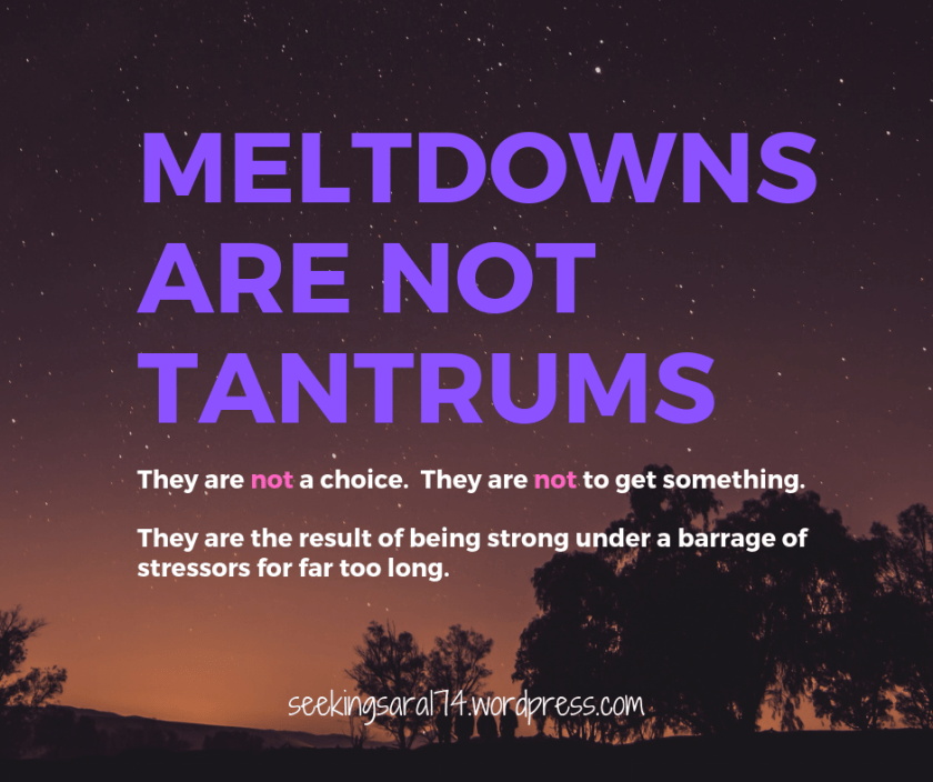 An orangey night sky with a forest in the background. The text reads, "Meltdowns are not tantrums. They are not a choice. They are not to get something. They are the result of being strong under a barrage of stressors for far too long. SeekingSara174.wordpress.com"
