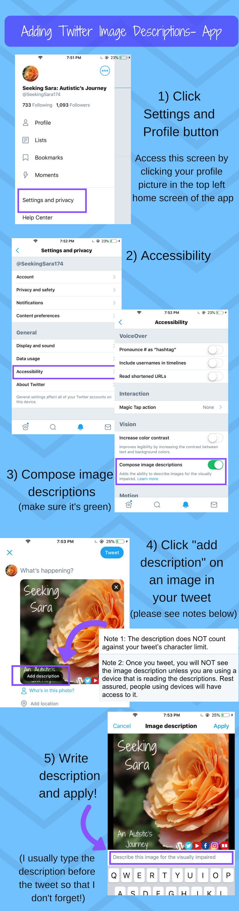 A visual guide detailing how to add alt image text to images on Twitter from a computer.