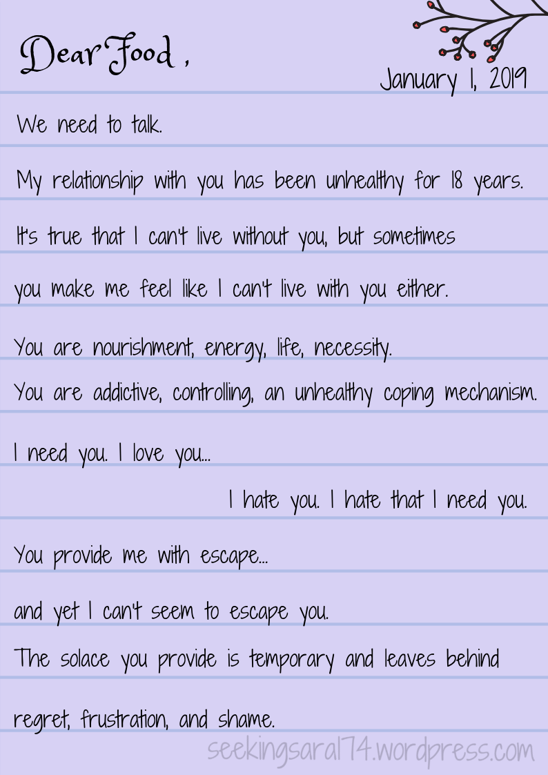 An image of a purple notebook page with text on it. The date reads January 1, 2019. Above the date is a branch with red buds. Text reads, "Dear Food, We need to talk. My relationship with you has been unhealthy for 18 years. It's true that I can't live without you, but sometimes you make me feel like I can't live with you either. You are nourishment, energy, life, necessity. You are addictive, controlling, an unhealthy coping mechanism. I need you. I love you. I hate you. I hate that I need you. You provide me with escape... and yet I can't seem to escape you. The solace you provide is temporary and leaves behind regret, frustration, and a shame.