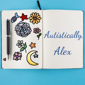An open journal with colorful, cute floral and nature designs on the left page, and text that reads "Autistically, Alex" on the righthand page.